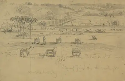 General Burnsides kår marscherar över pontonbron in i Virginia, vid staden Berlin torsdagen den 27 oktober 1862 av Edwin Forbes