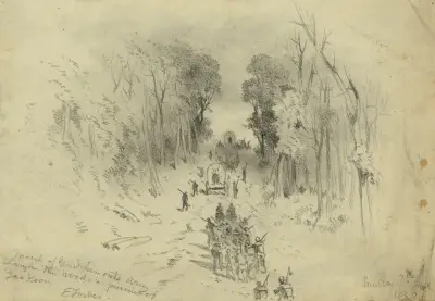 General Fremonts armé marscherar genom skogen i jakten på Jackson av Edwin Forbes