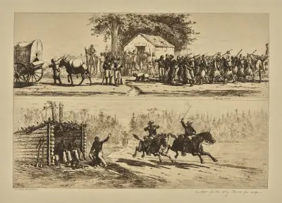 Newspapers for the Army. The race for camp. av Edwin Forbes