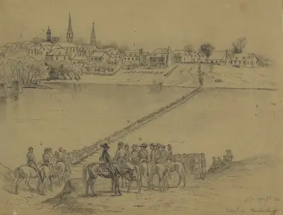 Besetzung von Fredericksburg. General McDowells Korps überquert den Rappahannock River auf einer Pontonbrücke… von Edwin Forbes