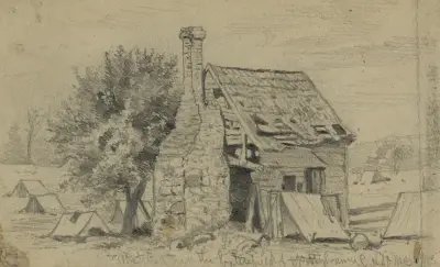 Gammalt hus på slagfältet vid Spottsylvania av Edwin Forbes