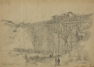 Eisenbahnzug mit Präsident Lincoln bei der Überquerung der Potomac-Creek-Brücke auf dem Weg zur Truppenparade der Potomac-Armee von Edwin Forbes