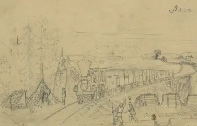 Järnvägståg på Potomac Creek-bron av Edwin Forbes