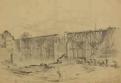Wiederaufbau der Eisenbahnbrücke über den Rappahannock River von Edwin Forbes