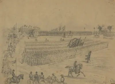 Granskning av Army of the Potomac, kommenderad av general Joe E. Hooker, av president Abraham Lincoln av Edwin Forbes