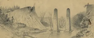 Ruinerna av järnvägsbron över Aquia Creek och Fredericksburg vid Potomac Creek av Edwin Forbes