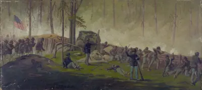 Scen bakom bröstvärnet på Culps Hill, morgonen den 3 juli 1862 av Edwin Forbes