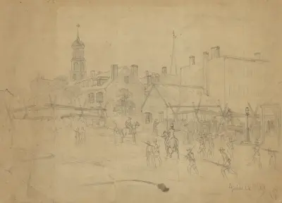 Szene in Baltimore, Maryland. Bürger errichten Barrikaden bei der Nachricht von General Lees Marsch nach Pennsylvania von Edwin Forbes