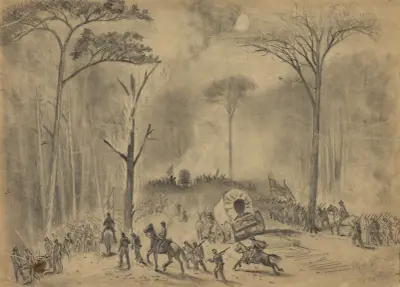 Szene auf der U.S. Ford Road (Schlacht bei Chancellorsville) in der Nacht zum 30. April 1863 von Edwin Forbes