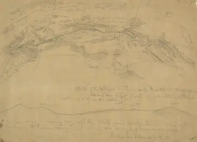 Skisskarta över slaget vid Gettysburg, gjord under marschen mot Frederick, Md. av Edwin Forbes