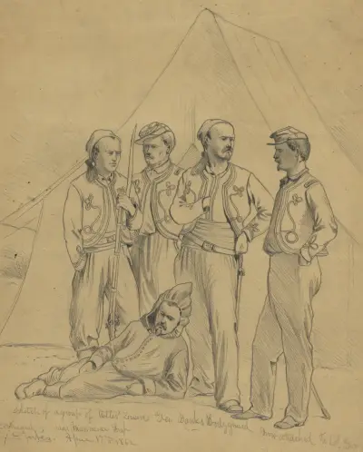 Sketch of a group of Collis’ Zouaves–Gen. Banks bodyguard, now attached to Col. Geary command, near Manassas Gap av Edwin Forbes