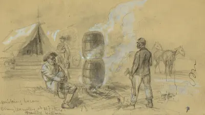 Rökande bacon – arméteamsters vid högkvarteret, Brandy Station av Edwin Forbes