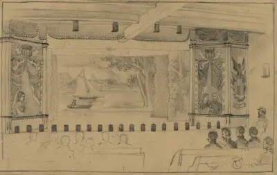 Soldatsteater (Fjortonde Brooklyn) i ett gammalt magasin i Culpeper Court House, Va. av Edwin Forbes