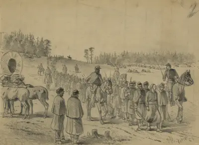 Eftersläntrare på marsch till högkvarteret. Under bevakning av Edwin Forbes