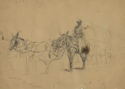 Studie av ett mulåsnspann med vagn och kusk av Edwin Forbes