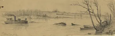Sänkta fartyg i Rappahannock River, nedanför Fredericksburg, med jordvärn som behärskar farleden av Edwin Forbes