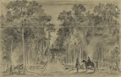 Potomacarmén korsar Chicahominy vid Long Bridge av Edwin Forbes