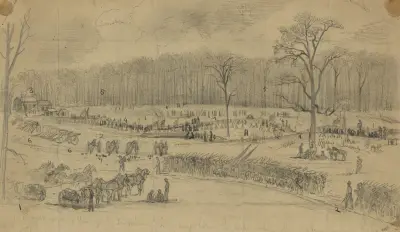 Slaget vid Chancellorsville. Scen vid korsningen mellan U.S. ford road och vägen till Rapidan River av Edwin Forbes