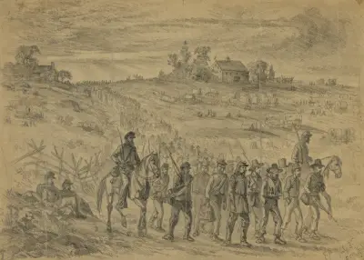 Die Schlacht von Gettysburg – Kriegsgefangene aus General Longstreets Korps, von Unionstruppen gefangen genommen, im Rückmarsch unter Bewachung von Edwin Forbes