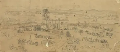 Slaget vid Gettysburg. Kyrkogårdens port, centrum för Unionens ställning, Första och Elfte kåren av Edwin Forbes