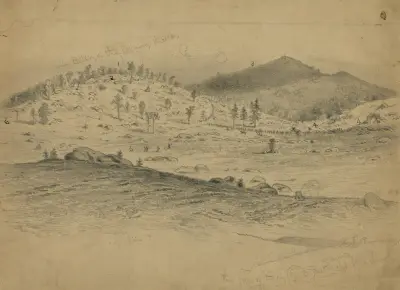 Die Schlacht von Gettysburg. Blick auf Little Round Top und Devil's Den, gehalten vom Fifth Corps von Edwin Forbes