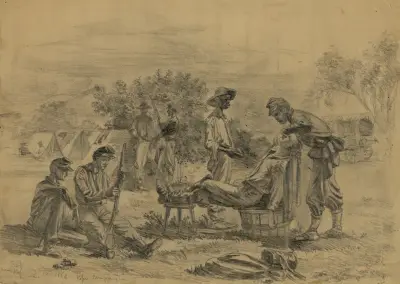 Der Barbier im Lager – beim Rasieren – Samstag – Rappahannock Station, Va. von Edwin Forbes