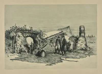 Das Quartier des Kommissariats im Winterlager von Edwin Forbes