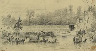 Övergången av North Fork av Rappahannock-floden nära Waterloo av general Banks kår av Edwin Forbes