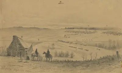 Die Ebenen von Manassas, Blick zu den Bull Run Mountains, vom Hauptquartier des Generals T.F. Meagher von Edwin Forbes