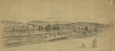 The Potomac River, near Williamsport, on the morning of the crossing of Gen. Lee’s army av Edwin Forbes
