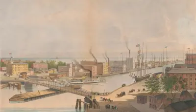 Utsikt över Rush St. bridge & c. från Nortons Block River St. E. Whitefields vyer av Chicago av Edwin Forbes
