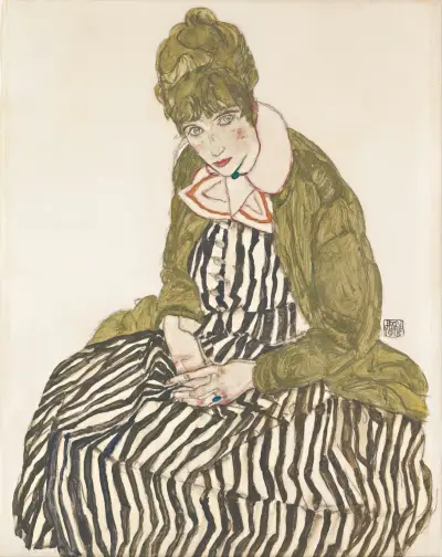 Edith with Striped Dress, Sitting av Egon Schiele