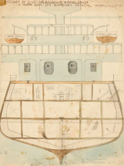 Entwurf zu einem Kriegsschiff-Spielzeug av Egon Schiele