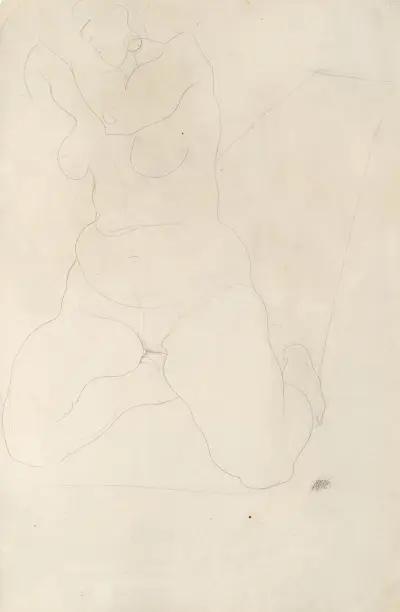 Female nude kneeling on carpet av Egon Schiele