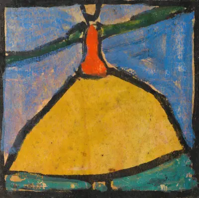 Frau mit ausgebreiteten Armen in gelbem Rock av Egon Schiele