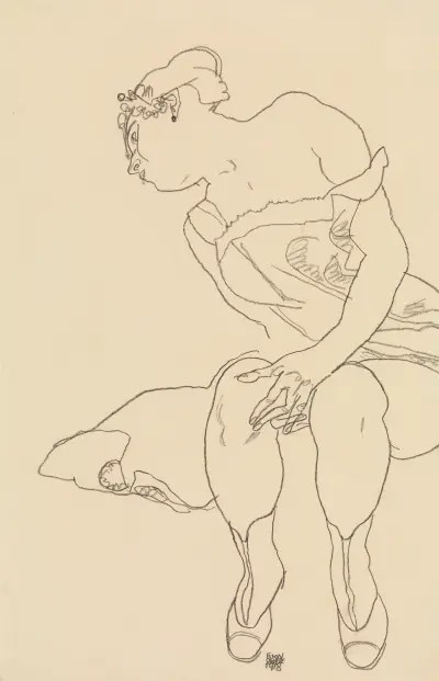 Seated Woman in Corset and Boots av Egon Schiele