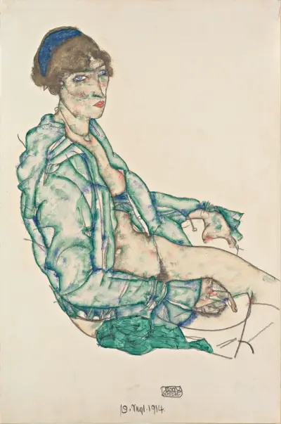 Sitting Semi-Nude with Blue Hairband av Egon Schiele