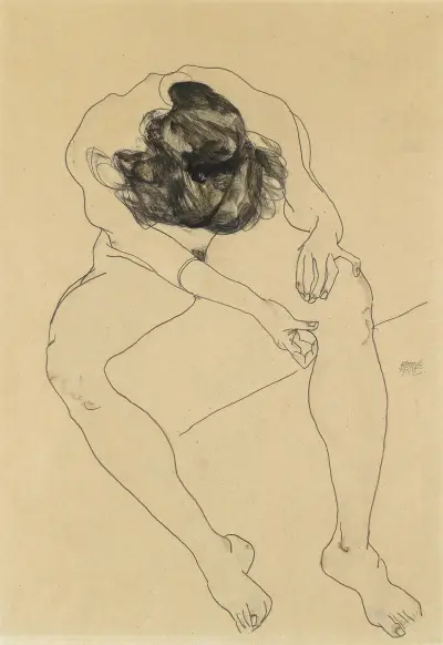 Sitzender weiblicher Akt von oben gesehen av Egon Schiele