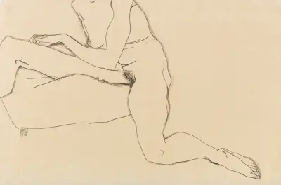 Sitzendes Mädchen mit ausgestrecktem Arm und Bein av Egon Schiele