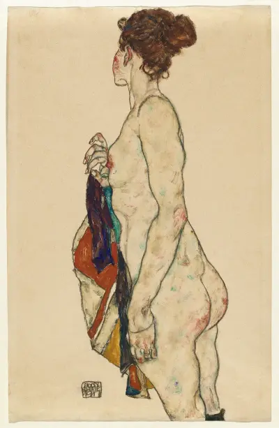 Standing Nude with a Patterned Robe av Egon Schiele