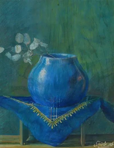 Stillleben eines Silberblattes in Blauer Vase (Still Life of a Moneyplant Branch in Blue Vase) av Egon Schiele