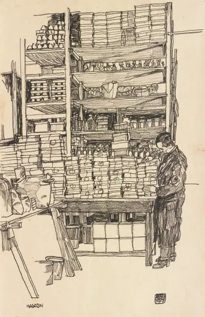 Supply Depot; Storeroom with Civilian Worker in Vienna, Schottenfeldgasse) av Egon Schiele
