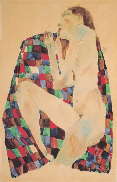 Weiblicher Akt auf kariertem Tuchl av Egon Schiele