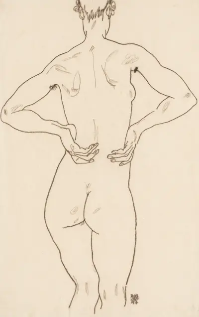 Weiblicher Rückenakt, die Hände auf der Hüfte av Egon Schiele
