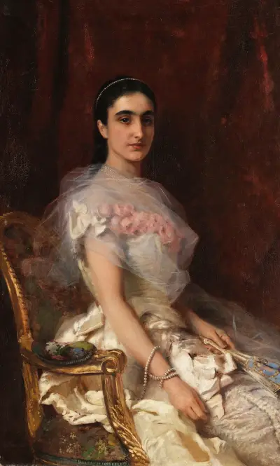 Portrait of an Elegant Lady with a Fan av Konstantin Egorovich Makovsky