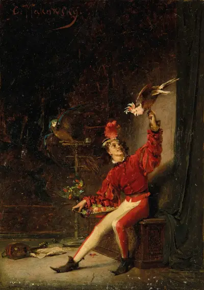 Young man with parrot av Konstantin Egorovich Makovsky