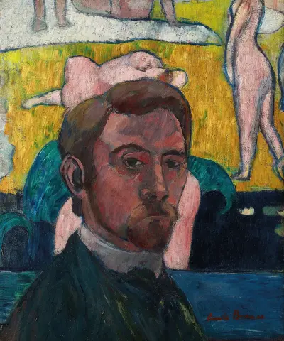Självporträtt med tavlan 'Badande med röd ko' av Emile Bernard