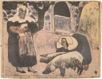 Bretonsk kvinna som utfodrar grisar av Emile Bernard