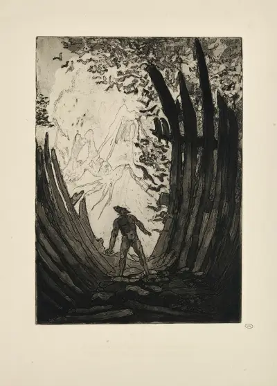 N° 21 – Nemrod debout foulait le pic inabordable. Il allait et venait, charpentier formidable av Emile Bernard