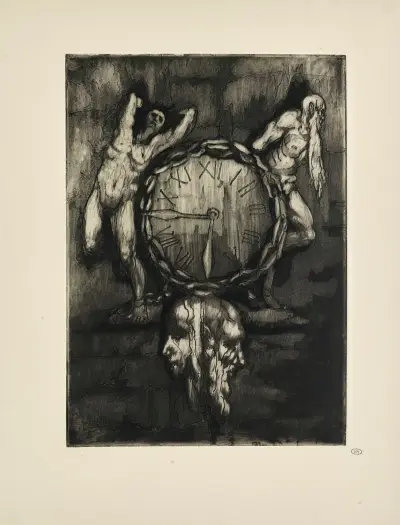 N° 48 – Une horloge apparait au-dessus du portail Autour du cadran triste, une chaîne est sculptée av Emile Bernard
